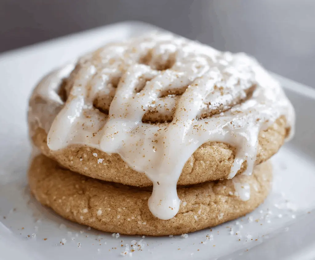 Delicious cinnamon roll cookie with swirled cinnamon filling and golden-brown glaze on top.