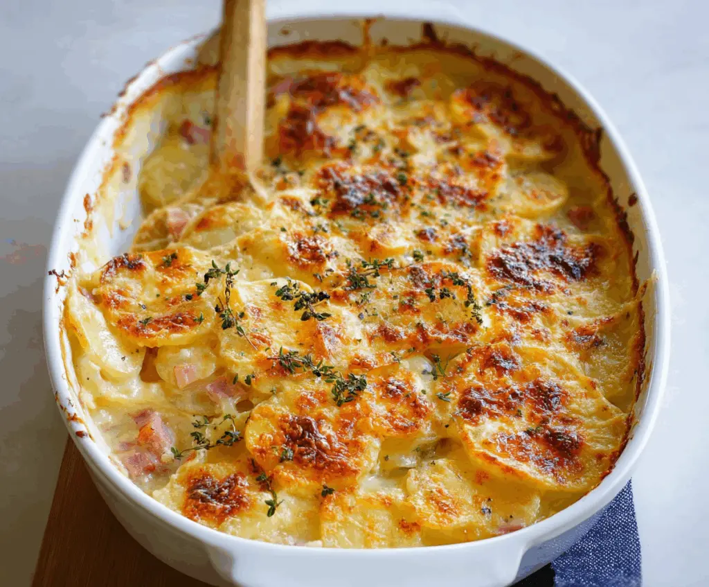 Delicious classic scalloped potatoes with ham served on a plate, highlighting creamy layers and crispy edges.