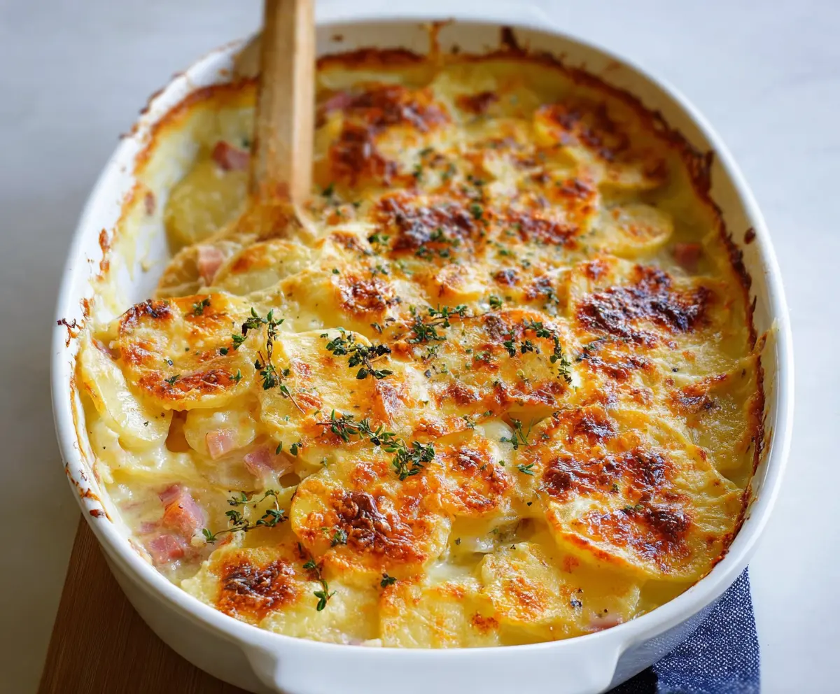 Delicious classic scalloped potatoes with ham served on a plate, highlighting creamy layers and crispy edges.
