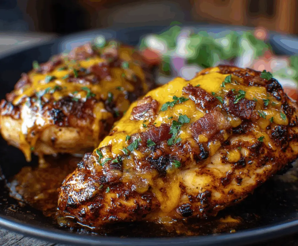 Juicy Cowboy BBQ Bacon Cheddar Chicken served with melted cheese and crispy bacon on top.