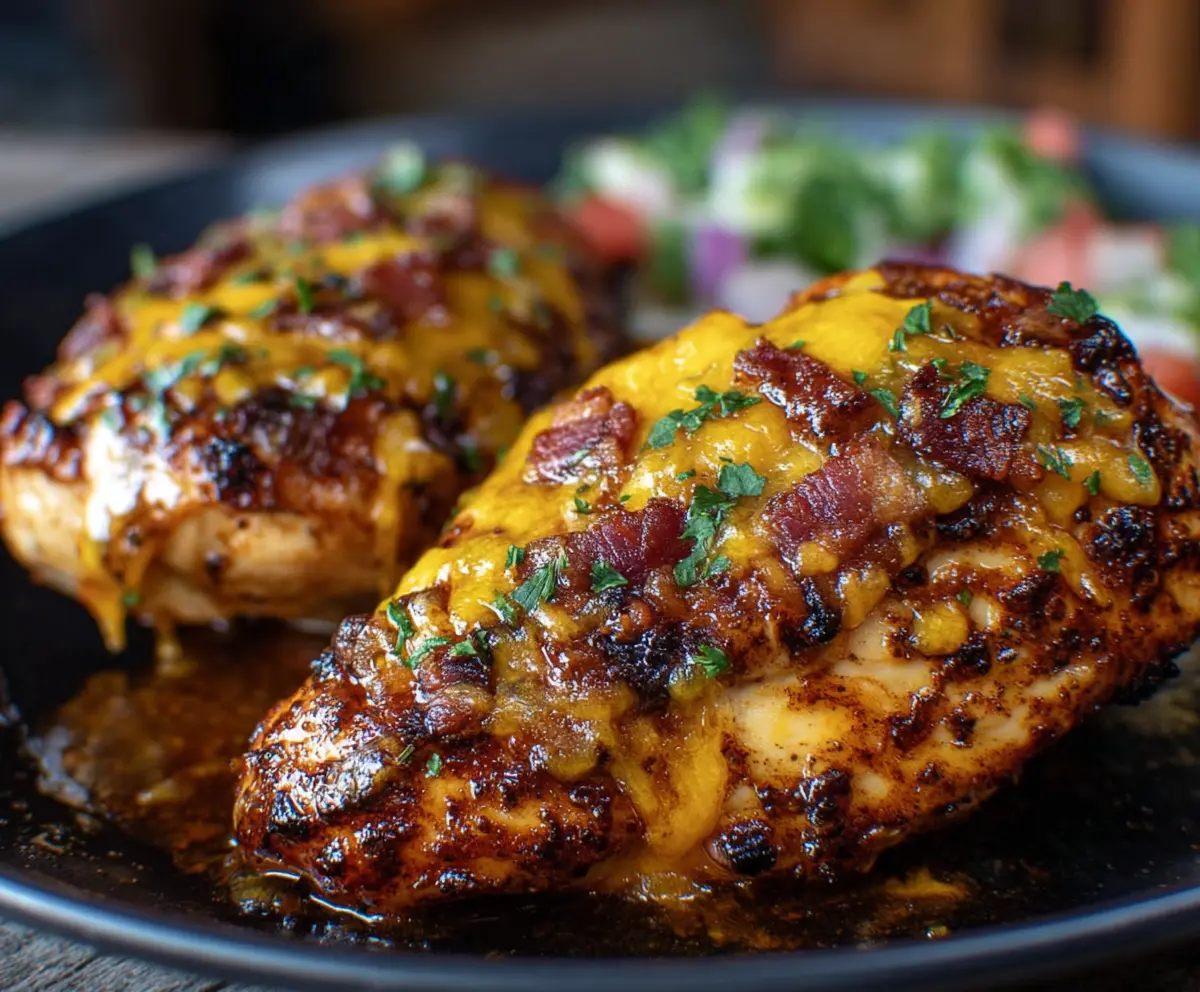 Juicy Cowboy BBQ Bacon Cheddar Chicken served with melted cheese and crispy bacon on top.