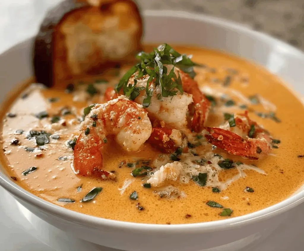 Delicious Crab and Shrimp Seafood Bisque served in a bowl, garnished with fresh herbs.