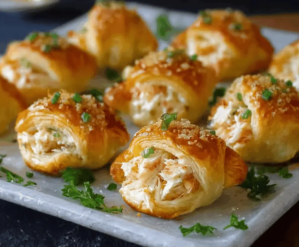 Crab Crescent Bites Delight display with flaky crescent rolls filled with seasoned crab meat on a serving platter.