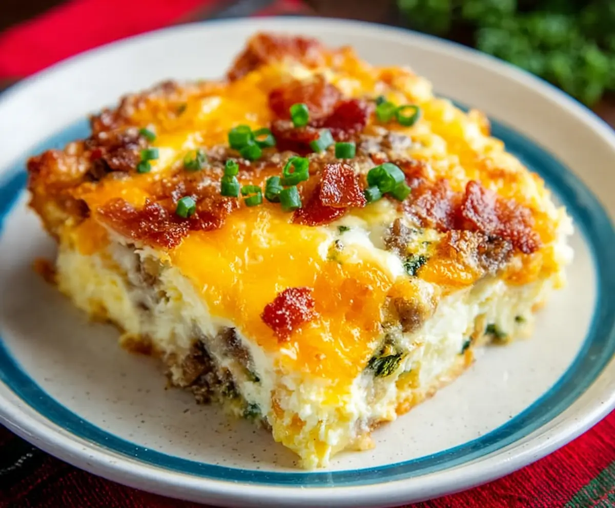 Delicious Crack Breakfast Casserole with eggs, cheese, and breakfast meats in a baking dish.