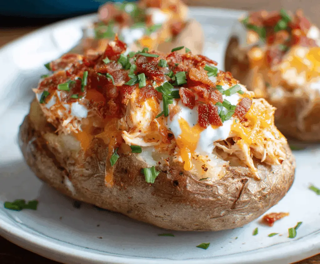 Delicious Crack Chicken Stuffed Potatoes with melted cheese and crispy bacon