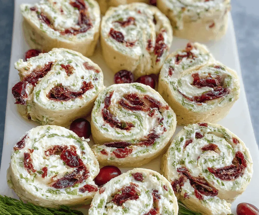 Cranberry feta pinwheels with cream cheese served on a platter, perfect for appetizers and parties.