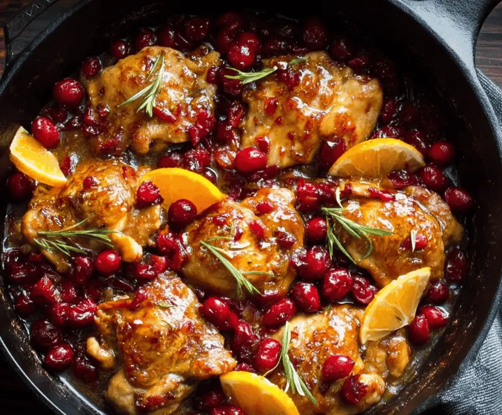 Juicy Cranberry Orange Chicken served on a plate with fresh herbs.