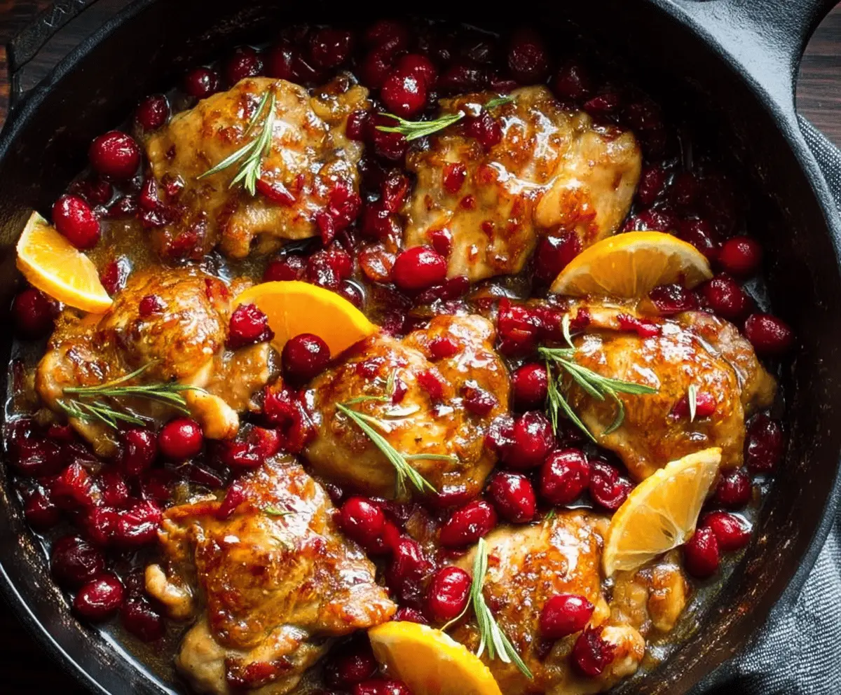 Juicy Cranberry Orange Chicken served on a plate with fresh herbs.