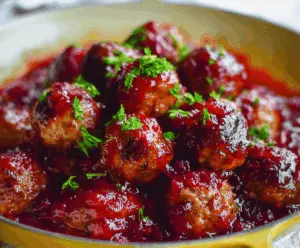 Delicious cranberry sauce glazed meatballs served on a plate, perfect for holiday dinners.