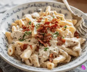 Creamy Chicken Bacon Ranch Pasta in a bowl with melted cheese and fresh herbs