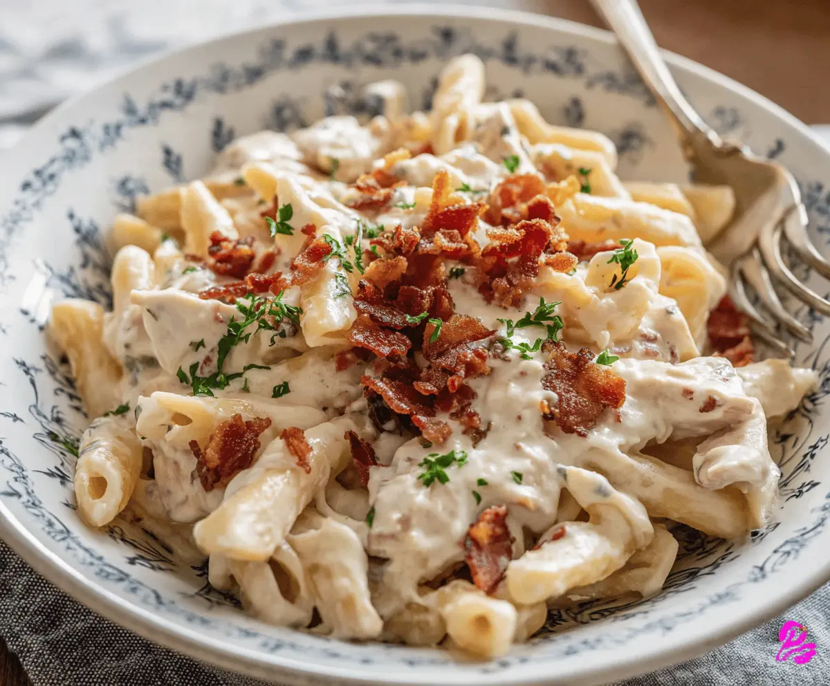 Creamy Chicken Bacon Ranch Pasta in a bowl with melted cheese and fresh herbs