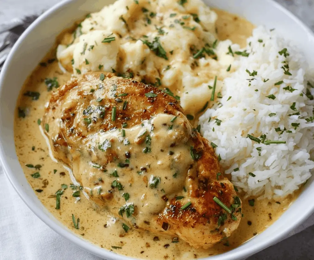 Delicious creamy garlic chicken served on a white plate with herbs, perfect for dinner.
