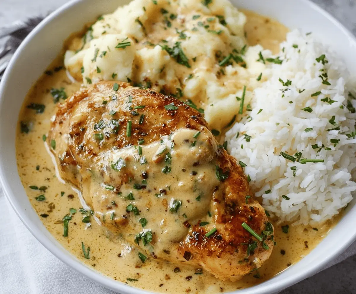 Delicious creamy garlic chicken served on a white plate with herbs, perfect for dinner.