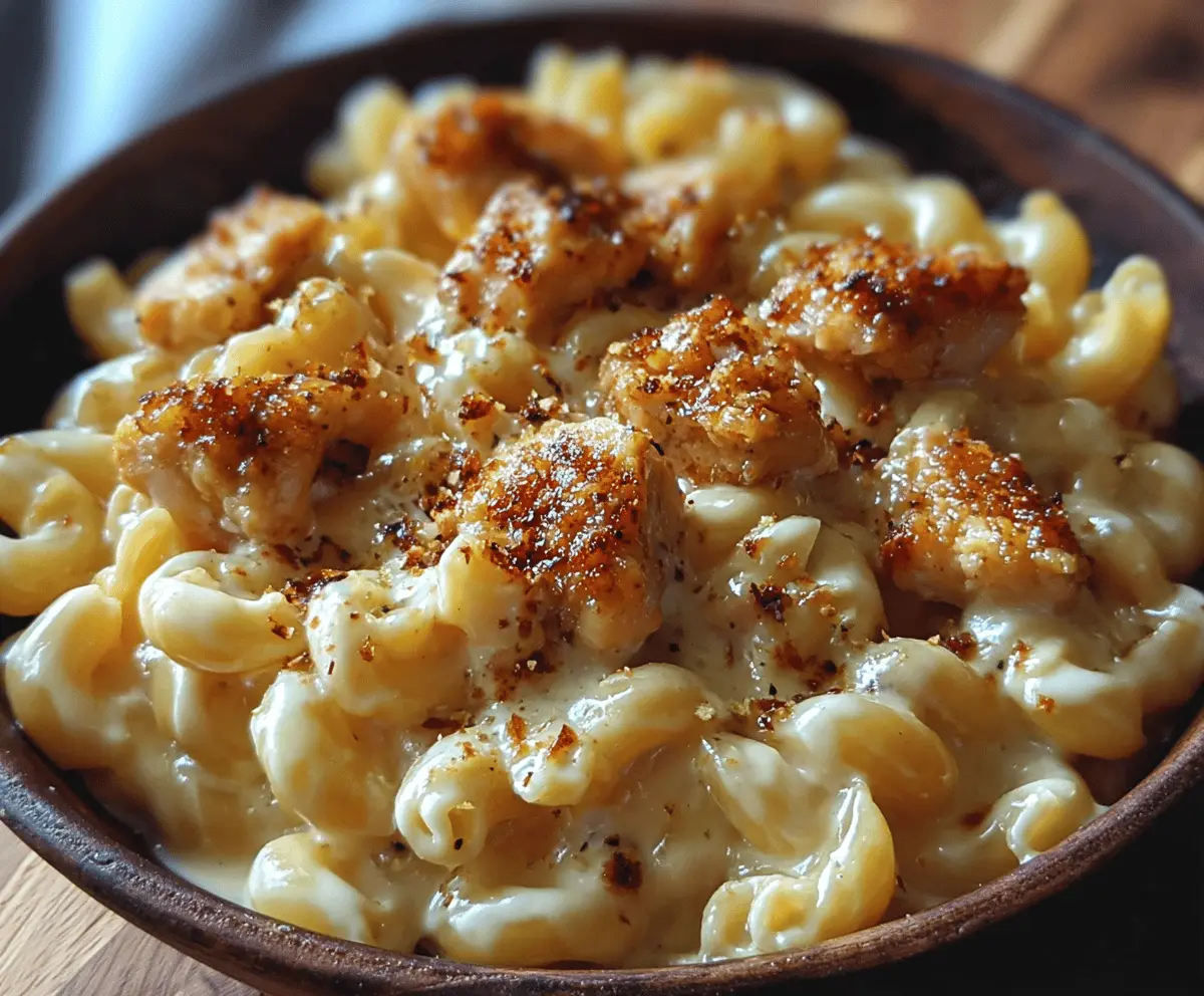 Creamy Honey Pepper Chicken Mac and Cheese served in a white bowl, topped with fresh herbs and black pepper.