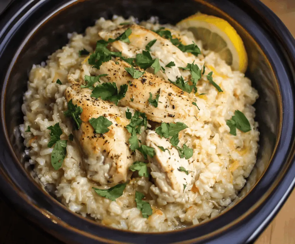 Delicious slow cooker chicken and rice recipe in a cozy kitchen setting