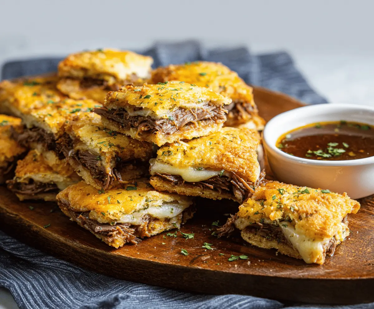 Savory French Dip Squares with melted cheese and tender roast beef on a golden crust