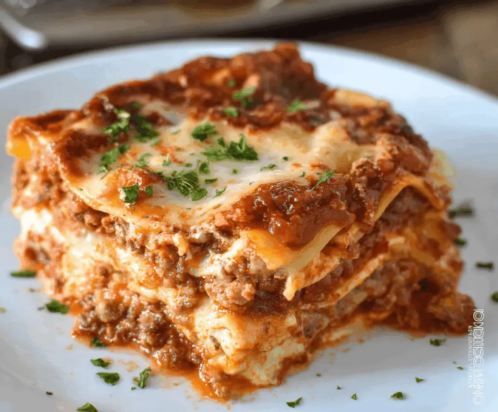 Delicious homemade lasagna with layers of pasta, cheese, and rich tomato sauce, perfect for dinner.
