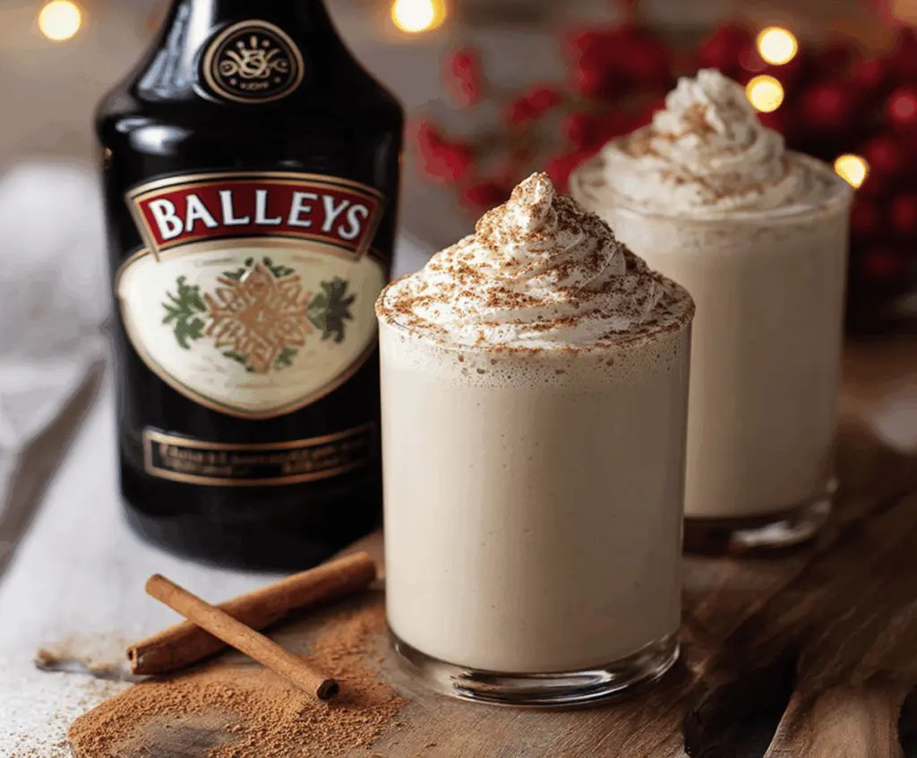 Creamy eggnog with Baileys Irish Cream in a festive glass, perfect for holiday celebrations.