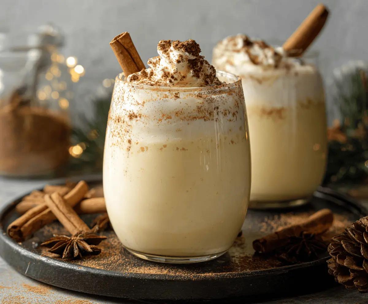 Creamy homemade eggnog in a glass with nutmeg garnish, perfect for holiday celebrations