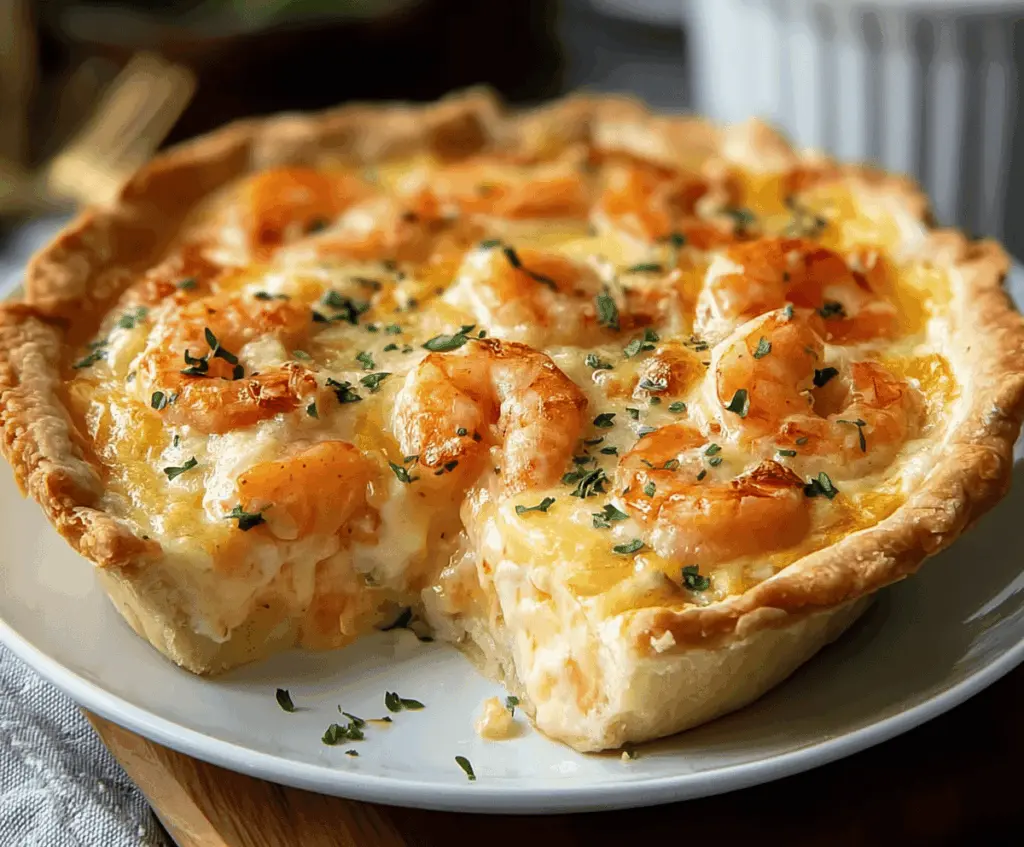 Delicious homemade Florida Shrimp Pie with golden crust and fresh shrimp on top