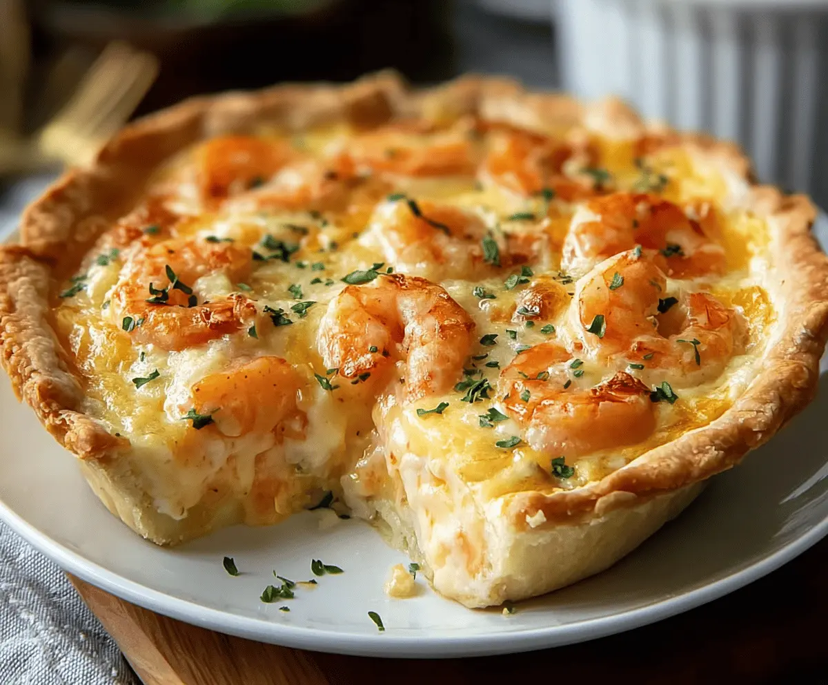 Delicious homemade Florida Shrimp Pie with golden crust and fresh shrimp on top