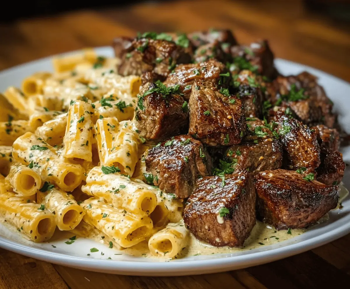 Garlic Butter Steak Tips with Cheesy Rigatoni
