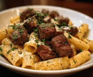 Delicious garlic butter steak tips served with cheesy rigatoni pasta on a plate.