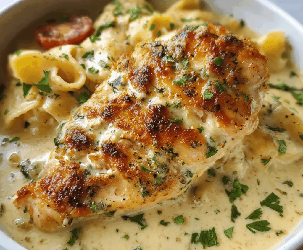 Tender Garlic Parmesan Chicken Bake topped with melted cheese and fresh herbs, perfect for a hearty dinner.