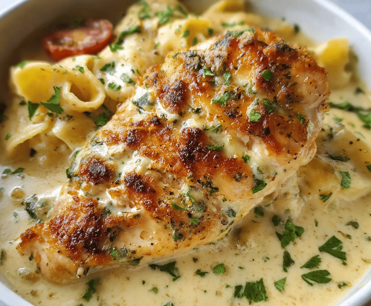 Tender Garlic Parmesan Chicken Bake topped with melted cheese and fresh herbs, perfect for a hearty dinner.