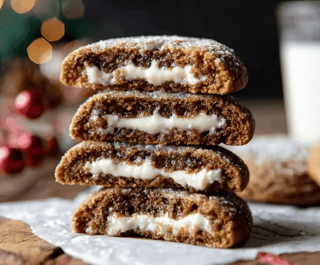 Delicious gingerbread cheesecake cookies with a golden-brown top and festive holiday decoration.