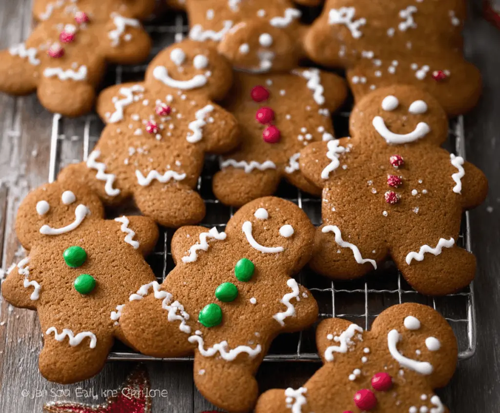 Cute gingerbread man cookies decorated with icing and colorful candies for a festive holiday treat.