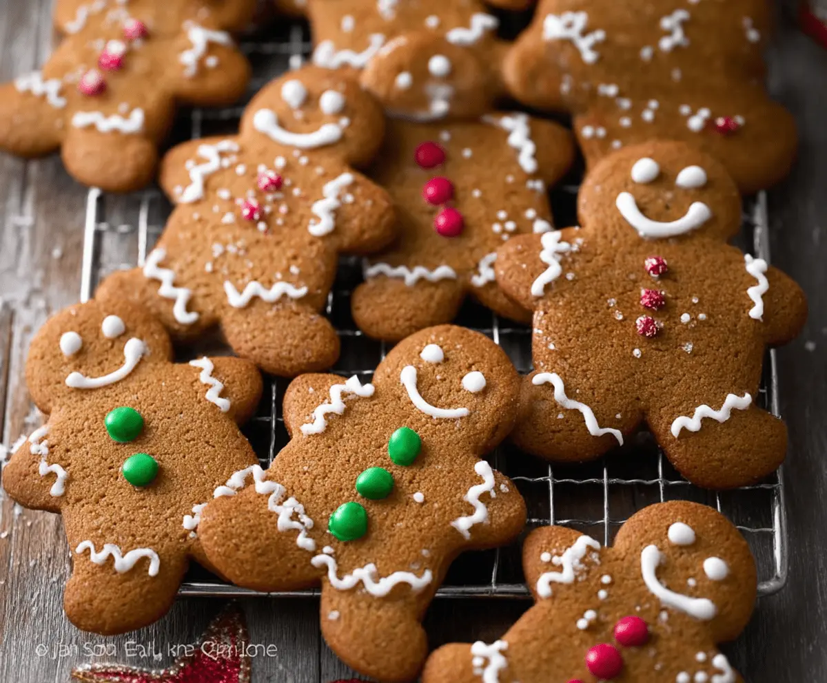 Cute gingerbread man cookies decorated with icing and colorful candies for a festive holiday treat.