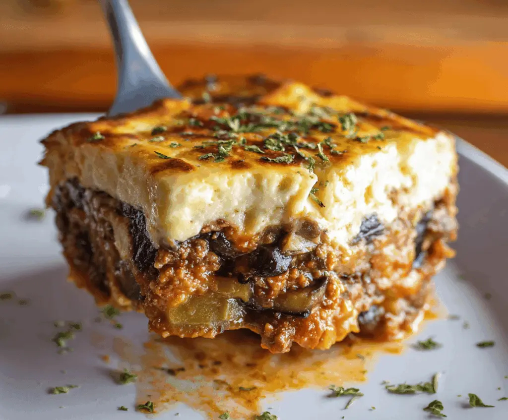 Delicious Greek Moussaka with layers of eggplant, ground meat, and creamy béchamel sauce.