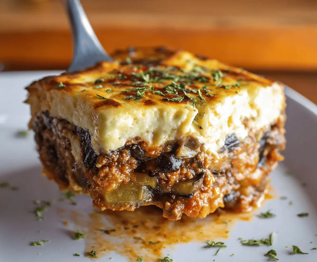 Delicious Greek Moussaka with layers of eggplant, ground meat, and creamy béchamel sauce.