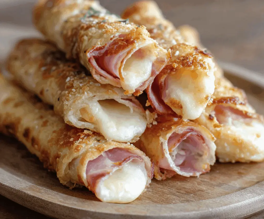 Delicious ham and cheese sticks on a plate, perfect for snacking or party appetizers