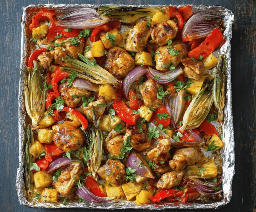Delicious Hawaiian Chicken Sheet Pan with grilled chicken, pineapple, and vibrant vegetables on a baking tray.