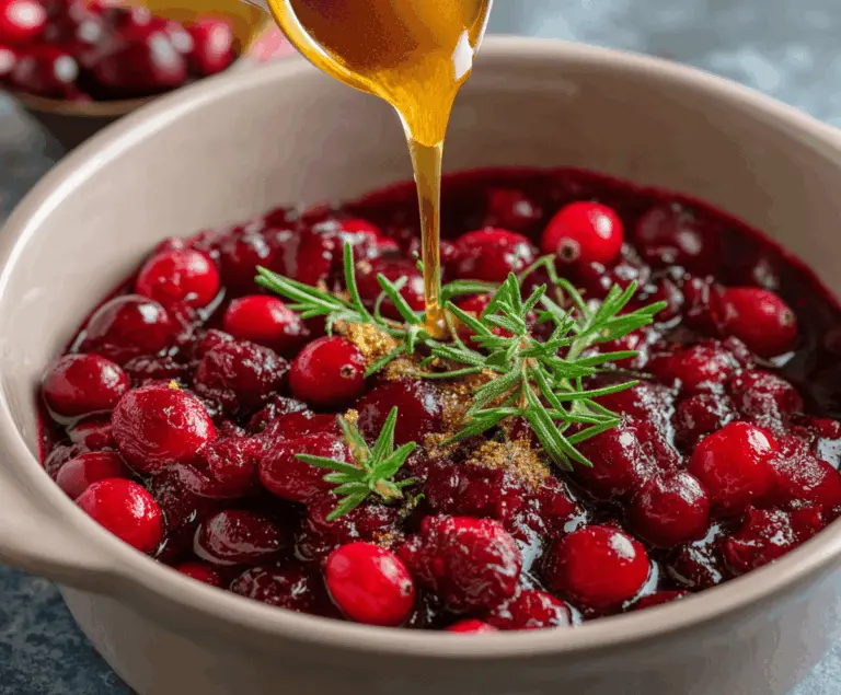 Delicious Honey Bourbon Cranberry Sauce in a jar with fresh cranberries and honey on a rustic wooden table.