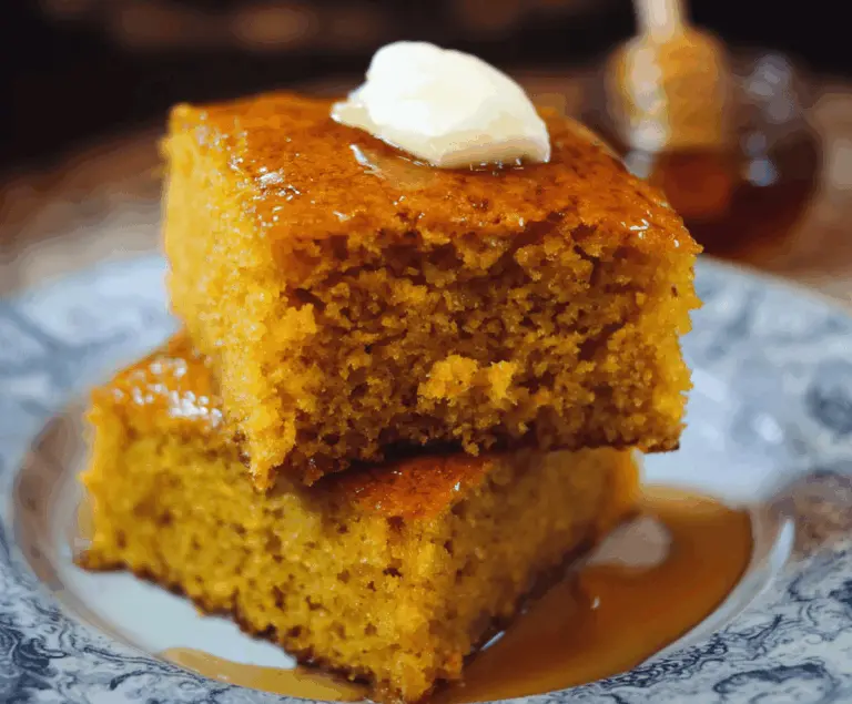 Delicious honey butter sweet potato cornbread served on a rustic plate with fresh herbs.