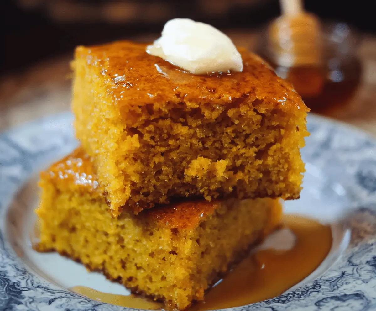Delicious honey butter sweet potato cornbread served on a rustic plate with fresh herbs.