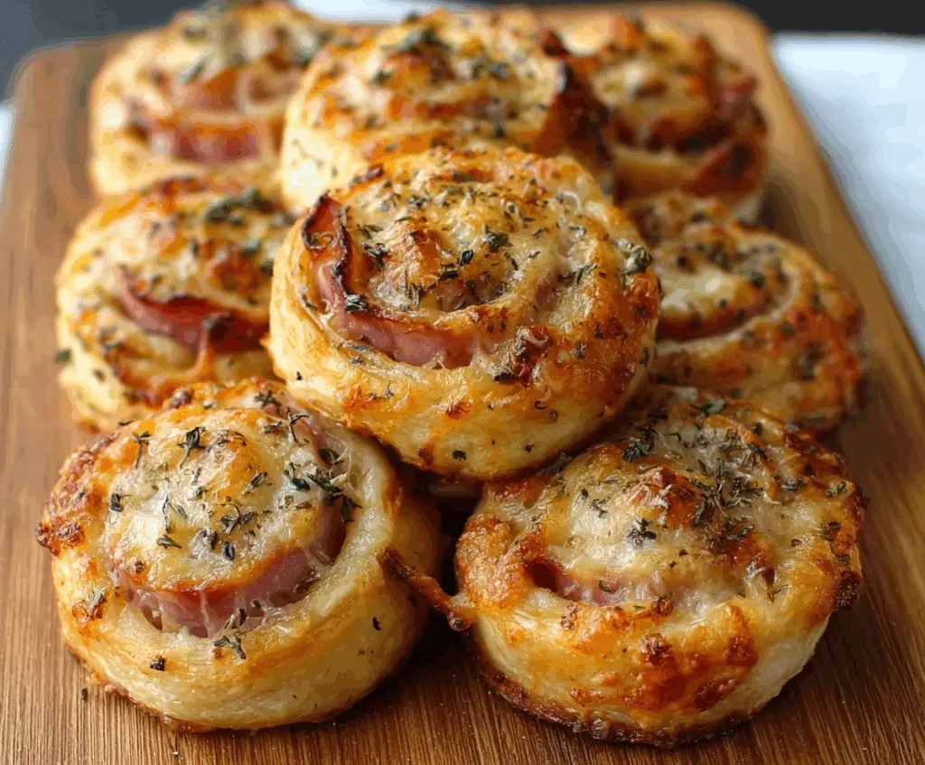 Golden baked Hot Ham & Cheese Pinwheels filled with ham and melted cheese, perfect for appetizers or snacks.