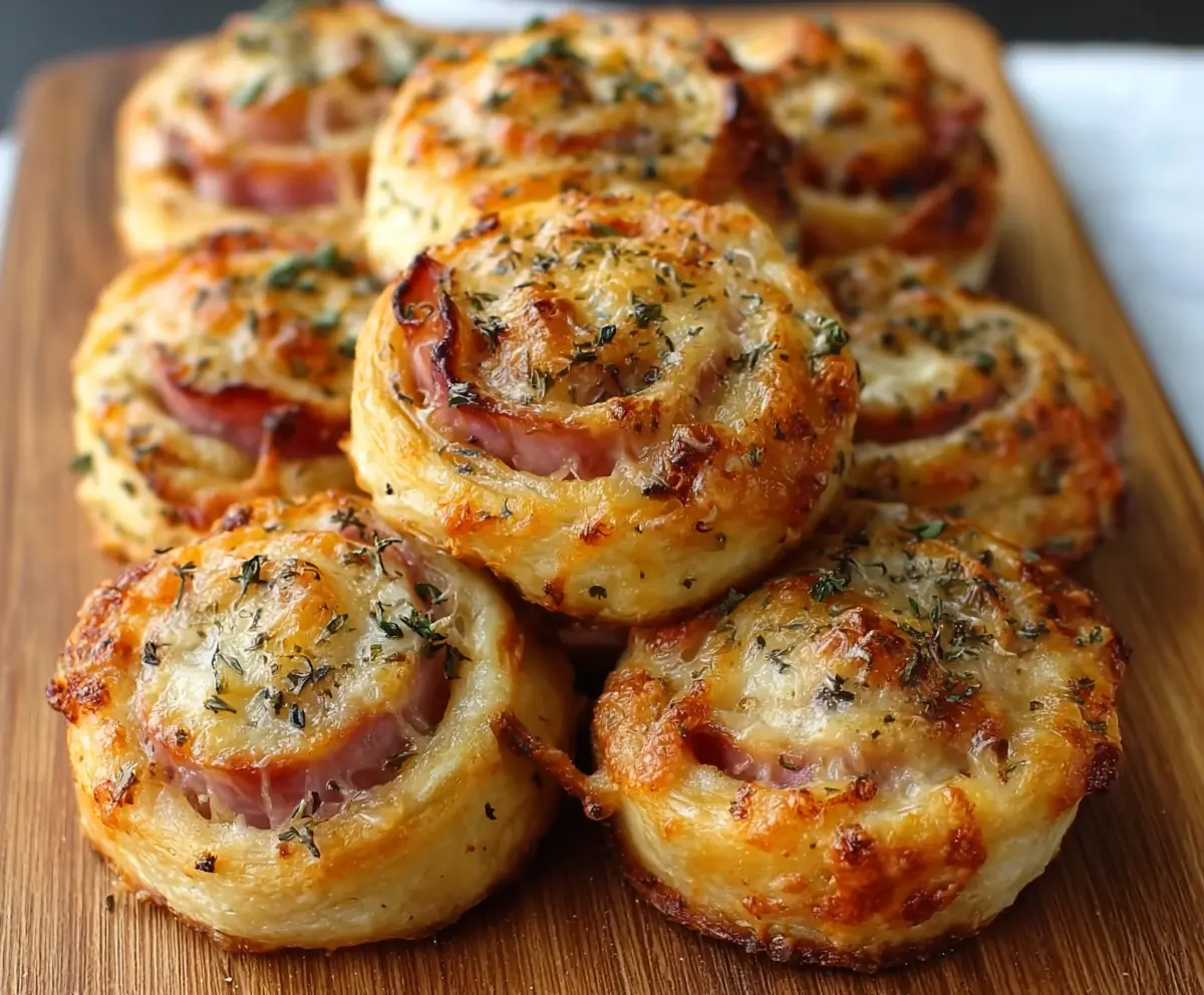 Golden baked Hot Ham & Cheese Pinwheels filled with ham and melted cheese, perfect for appetizers or snacks.