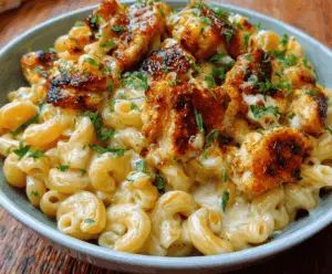 Creamy mac and cheese topped with spicy hot honey glazed chicken, perfect comfort food.
