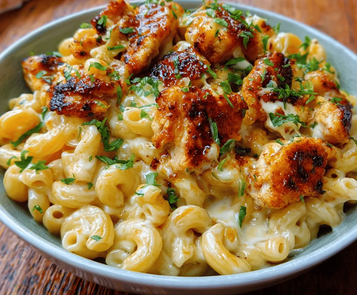 Creamy mac and cheese topped with spicy hot honey glazed chicken, perfect comfort food.