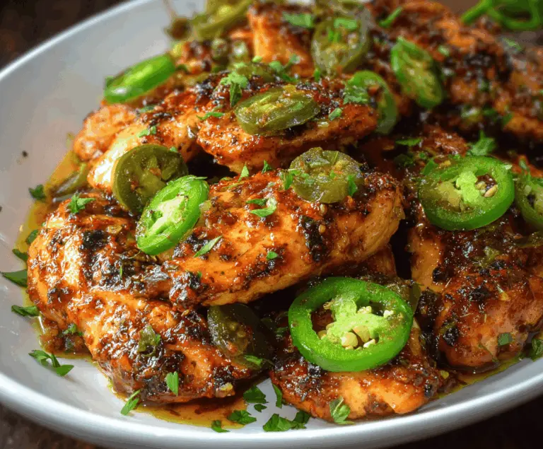 Spicy jalapeno chicken served on a plate with fresh herbs and colorful vegetables.