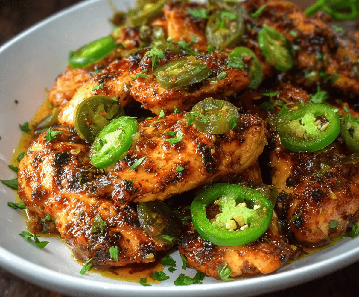 Spicy jalapeno chicken served on a plate with fresh herbs and colorful vegetables.