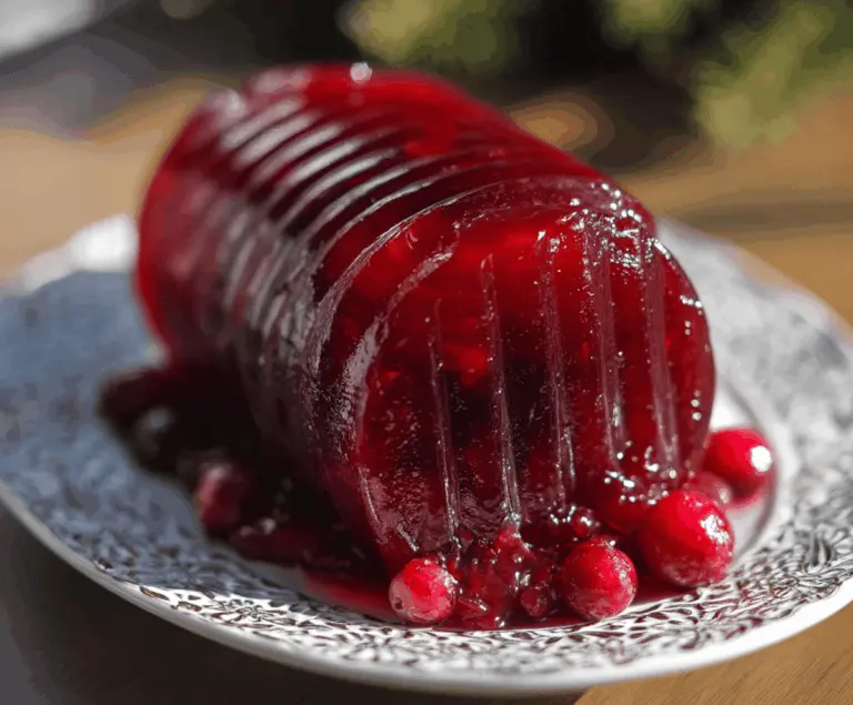 Homemade jellied cranberry sauce served in a clear glass dish, perfect for holiday desserts.