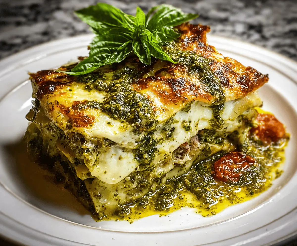 Delicious homemade Lasagna al Pesto with layers of pasta, basil pesto, and melted cheese.