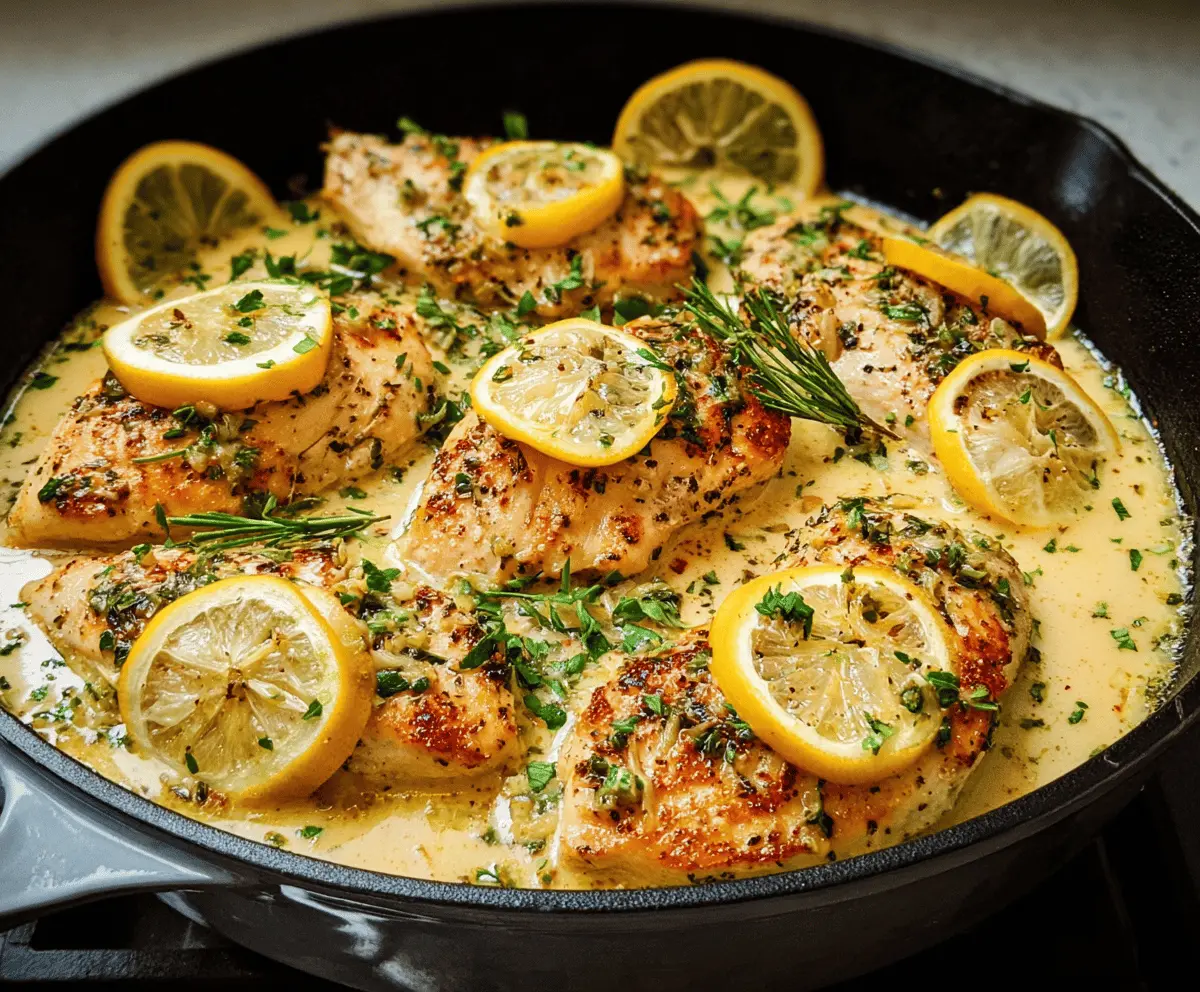 Juicy Lemon Garlic Chicken Skillet garnished with fresh herbs on a rustic wooden table.