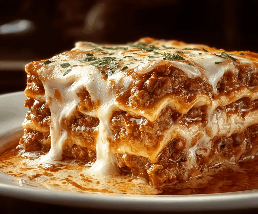 Delicious homemade Maggiano's lasagna with layers of cheese, pasta, and savory meat sauce.