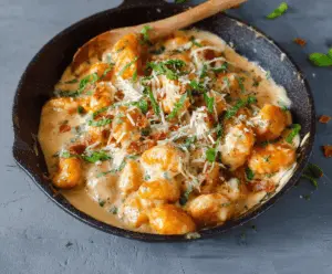 Delicious Millionaire Gnocchi with Creamy Sauce served on a plate, garnished with herbs.